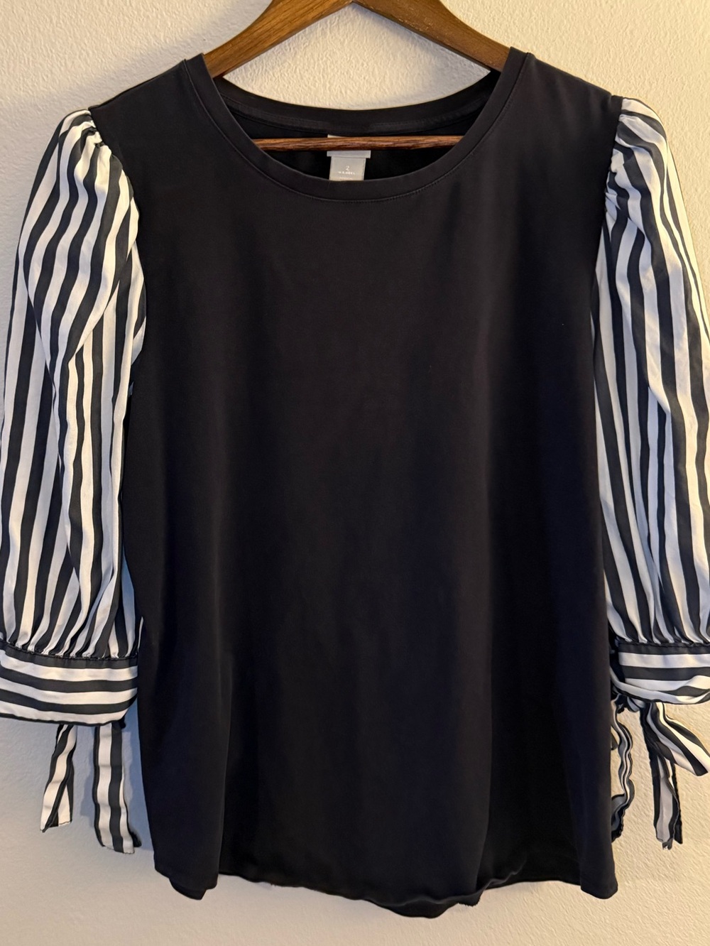 Chico's Black Top with Black & White Striped Puff Sleeves